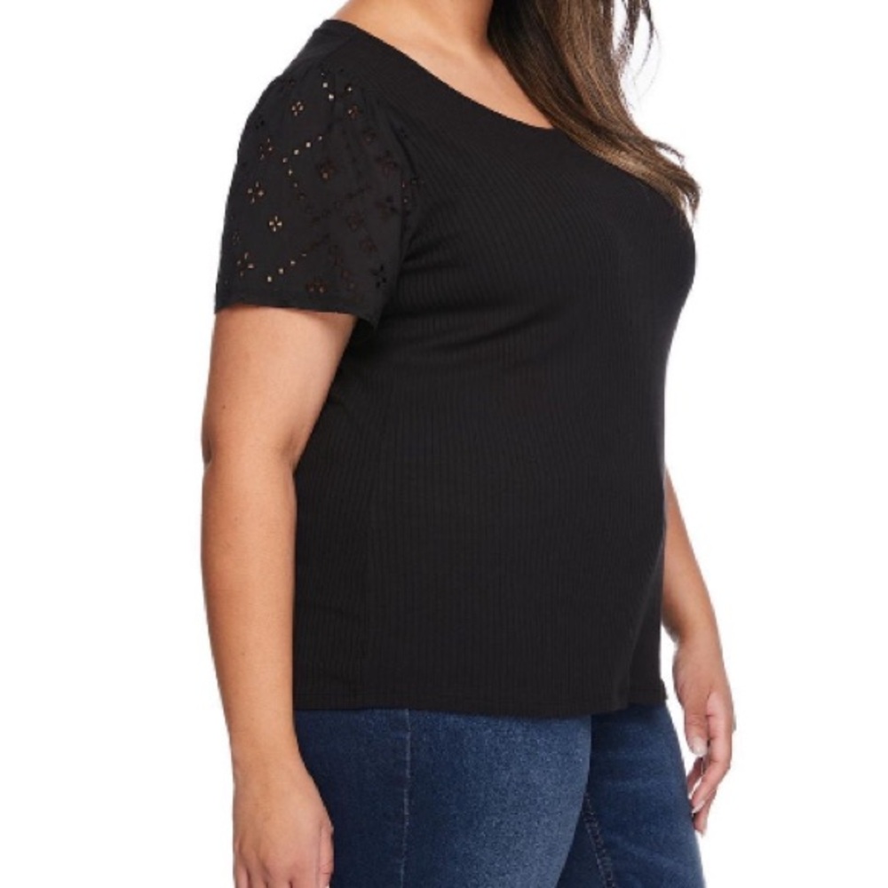 NWT Lane Bryant Black Ribbed Short Sleeve Top with Eyelet Sleeves